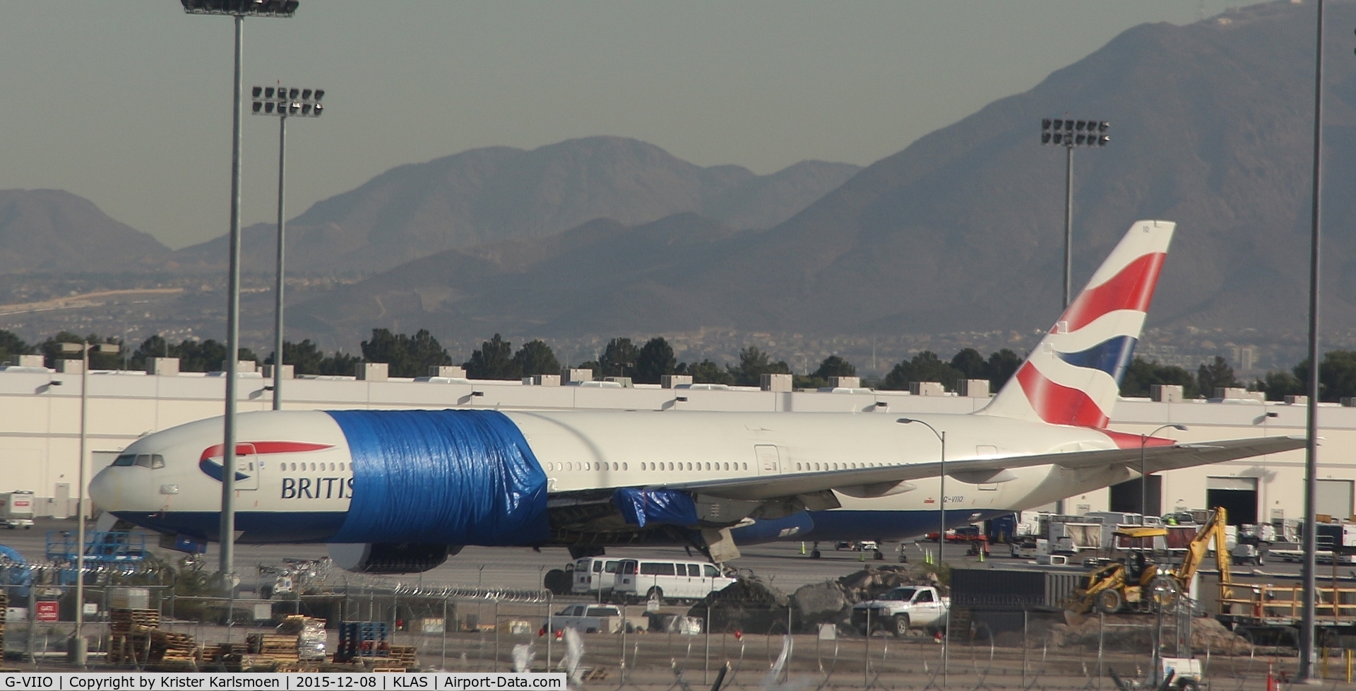 G-VIIO, 1999 Boeing 777-236 C/N 29320, Awaits further action after its fire at Las Vegas NV.