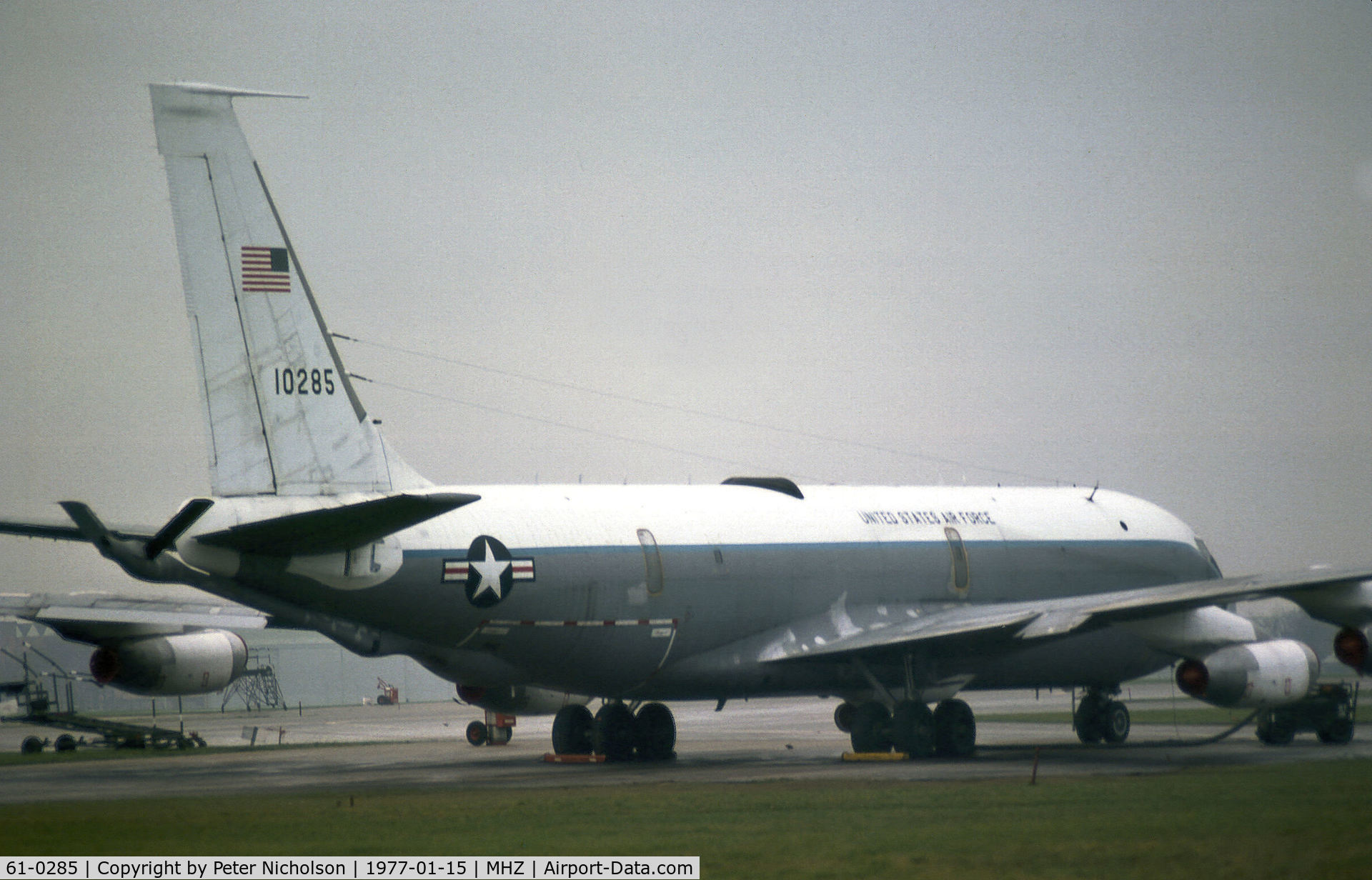 61-0285, 1961 Boeing EC-135H Stratotanker C/N 18192, EC-135H Silk Purse Command Post of 10th  Airborne Command and Control Squadron resident at RAF Mildenhall as seen in January 1977.