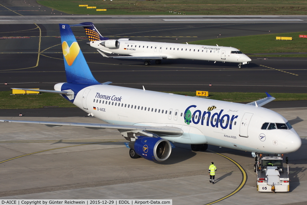 D-AICE, 1998 Airbus A320-212 C/N 0894, Condor pushed back for departure with eurowings cousin arriving