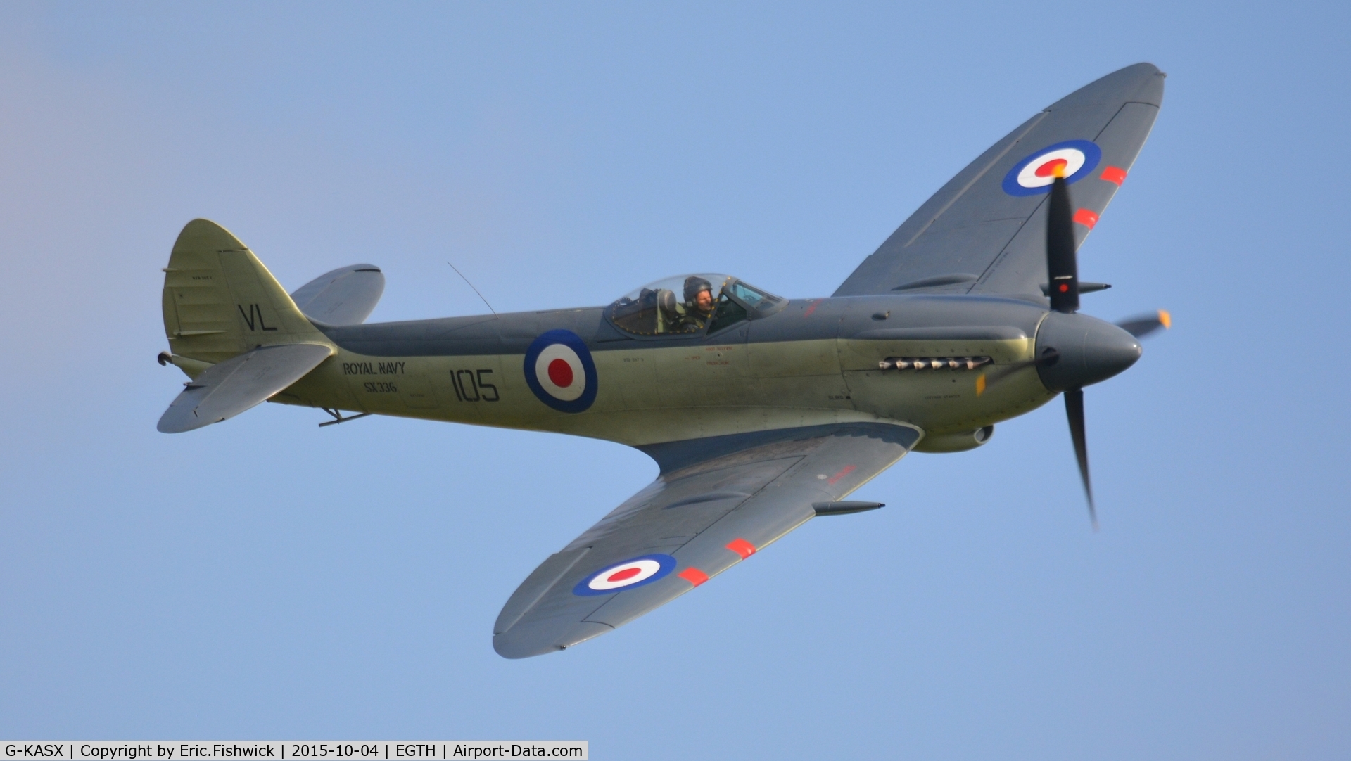 G-KASX, 1946 Supermarine 395 Seafire F.XVII C/N FLWA 25488, 42. G-KASX in display mode at The Shuttleworth 'Uncovered' Airshow (Finale,) Oct. 2015.