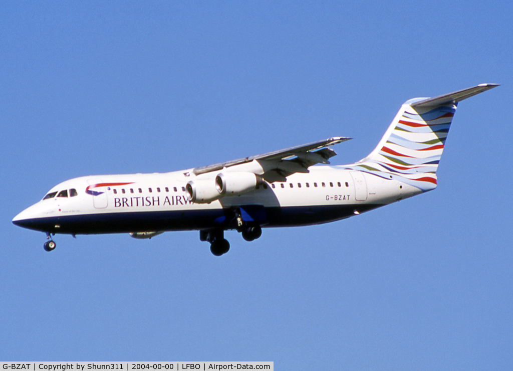 G-BZAT, 1997 British Aerospace Avro 146-RJ100 C/N E3320, Landing rwy 32L in Waves & Cranes c/s