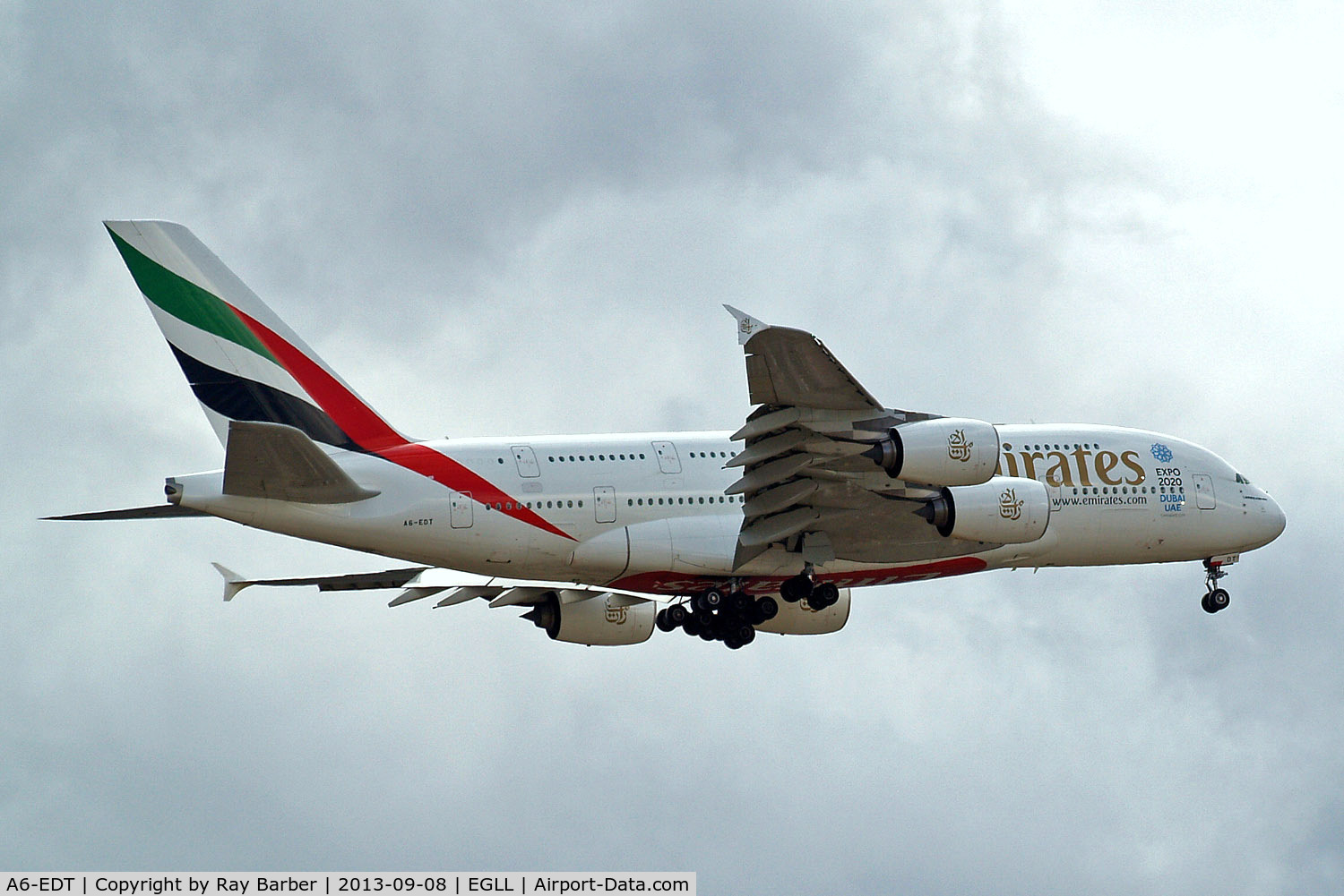 A6-EDT, 2011 Airbus A380-861 C/N 090, Airbus A380-861 [090] (Emirates Airlines) Home~G 08/09/2013. On approach 27L.