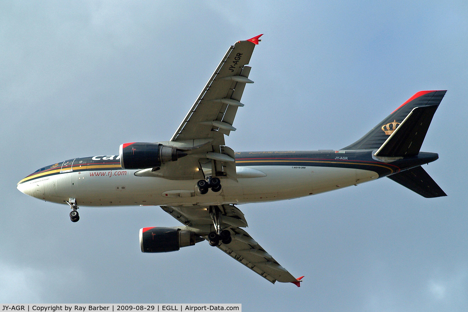 JY-AGR, 1988 Airbus A310-304(F) C/N 490/4451, Airbus A310-304F [490] (Royal Jordanian Airlines) Home~G 29/08/2009. On approach 27R.