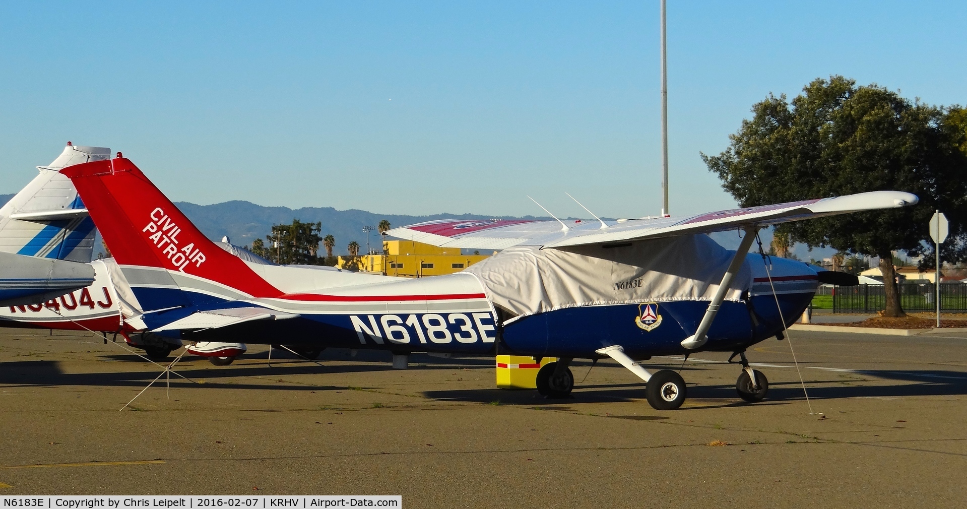 N6183E, 1983 Cessna 182R Skylane C/N 18268351, Locally-based 1983 Cessna 182R parked at its tie down in the early morning sunshine at Reid Hillview Airport, San Jose, CA.