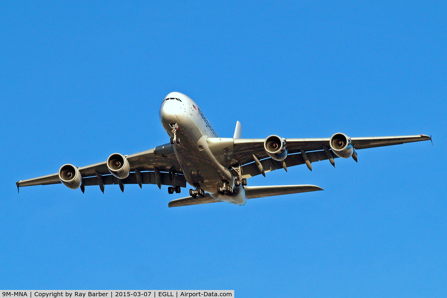 9M-MNA, 2011 Airbus A380-841 C/N 078, Airbus A380-841 [078] (Malaysia Airlines) Home~G 07/03/2015. On approach 27R.