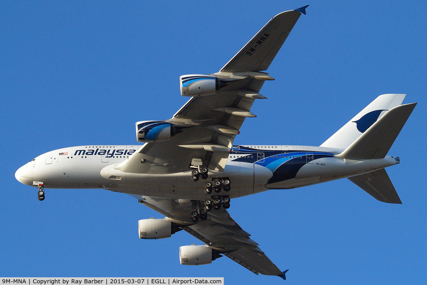 9M-MNA, 2011 Airbus A380-841 C/N 078, Airbus A380-841 [078] (Malaysia Airlines) Home~G 07/03/2015. On approach 27R.