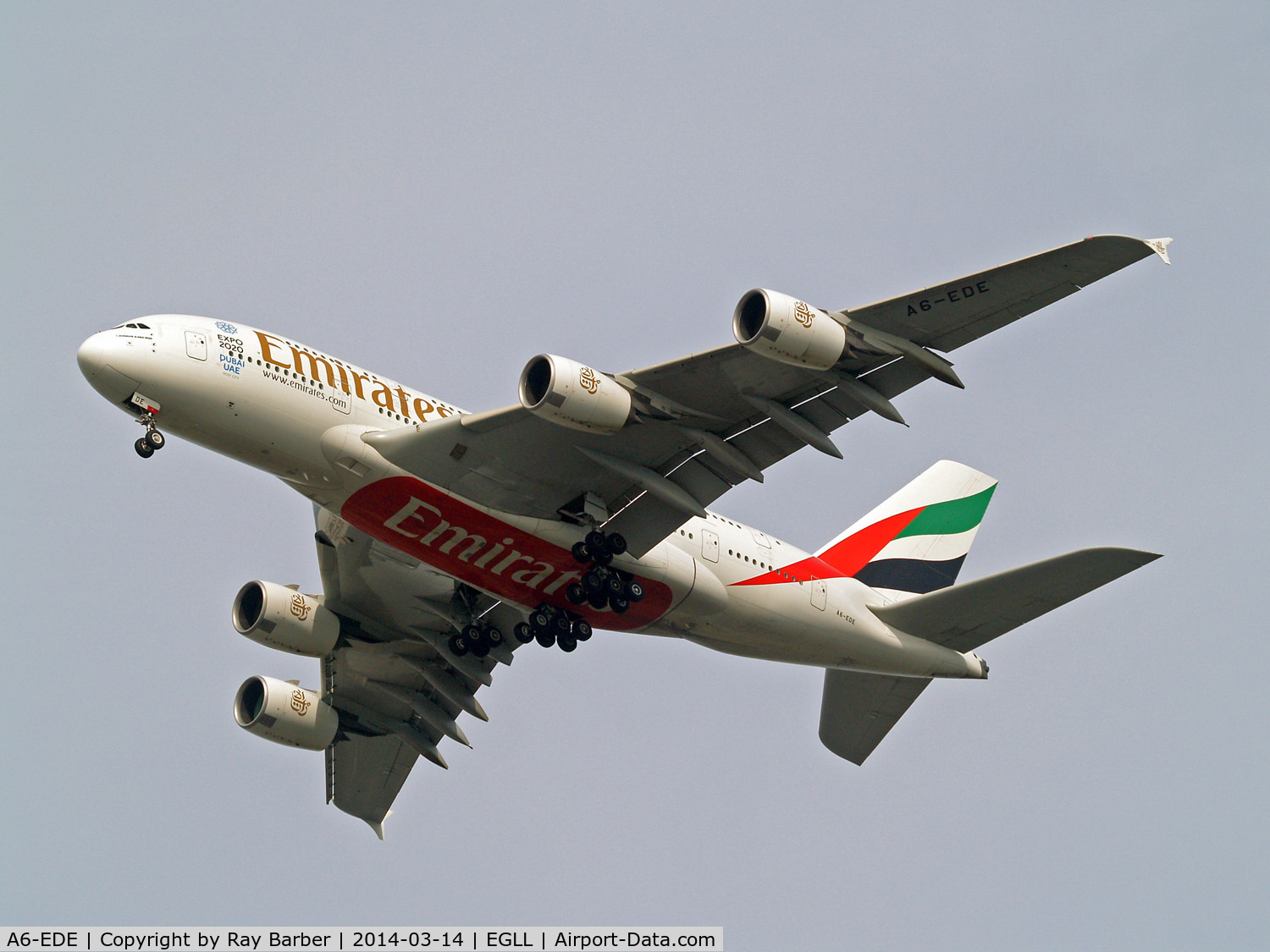 A6-EDE, 2008 Airbus A380-861 C/N 017, Airbus A380-861 [017] (Emirates Airlines) Home~G 14/03/2014. On approach 27R. Expo 2020 titles on nose area.