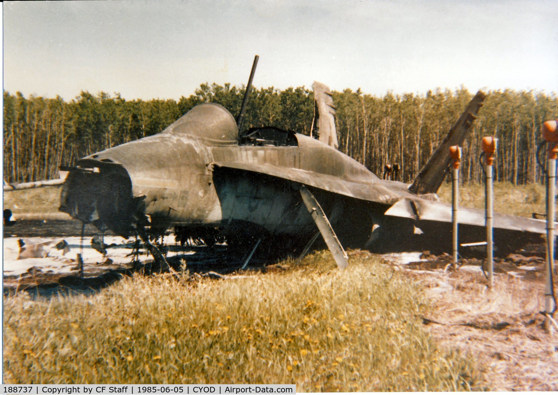 188737, McDonnell Douglas CF-188A Hornet C/N 269/A215, CAF CF-18 Hornet 188737 crashed during formation take off at CFB Cold Lake 4 June 1985.  Take-off trim was set to nose down instead of nose up.  Aircraft would not rotate even with full aft stick.   Pilot - Lt. Col. Dixon Kenny [Flight Leader].