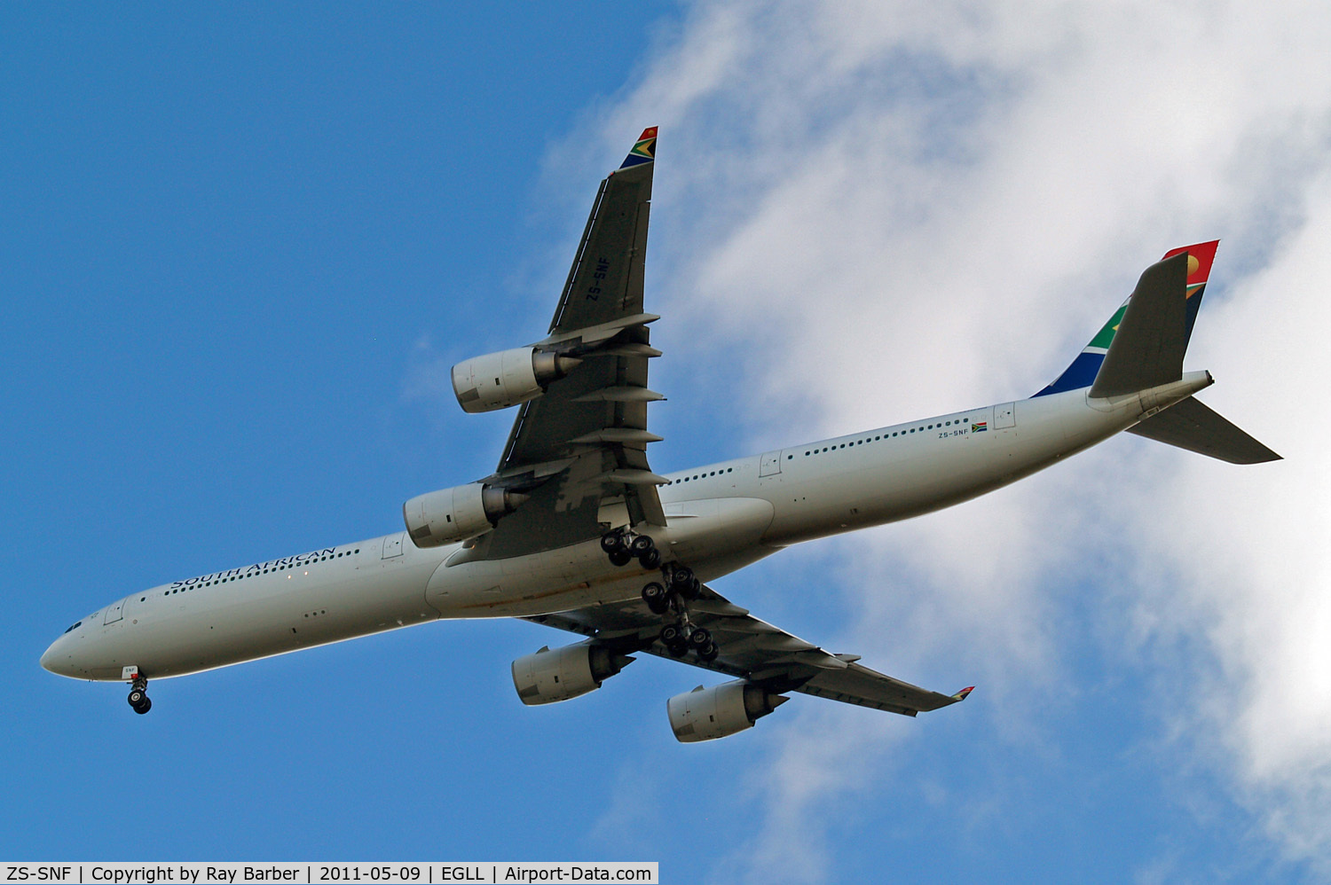 ZS-SNF, 2003 Airbus A340-642 C/N 547, Airbus A340-642 [547] (South African Airways) Home~G 09/05/2011. On approach 27R.