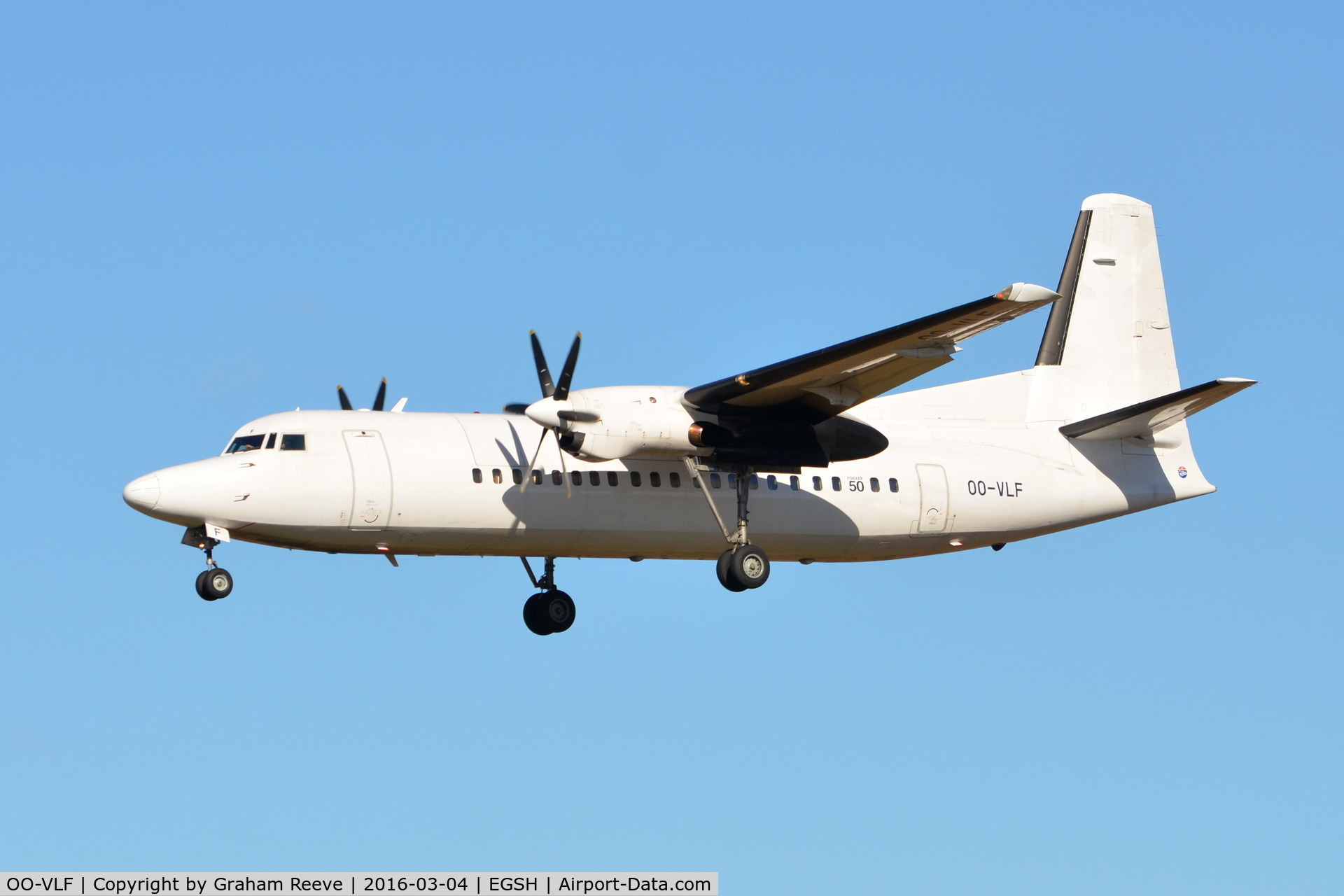 OO-VLF, 1991 Fokker 50 C/N 20208, Landing at Norwich in an all white scheme.