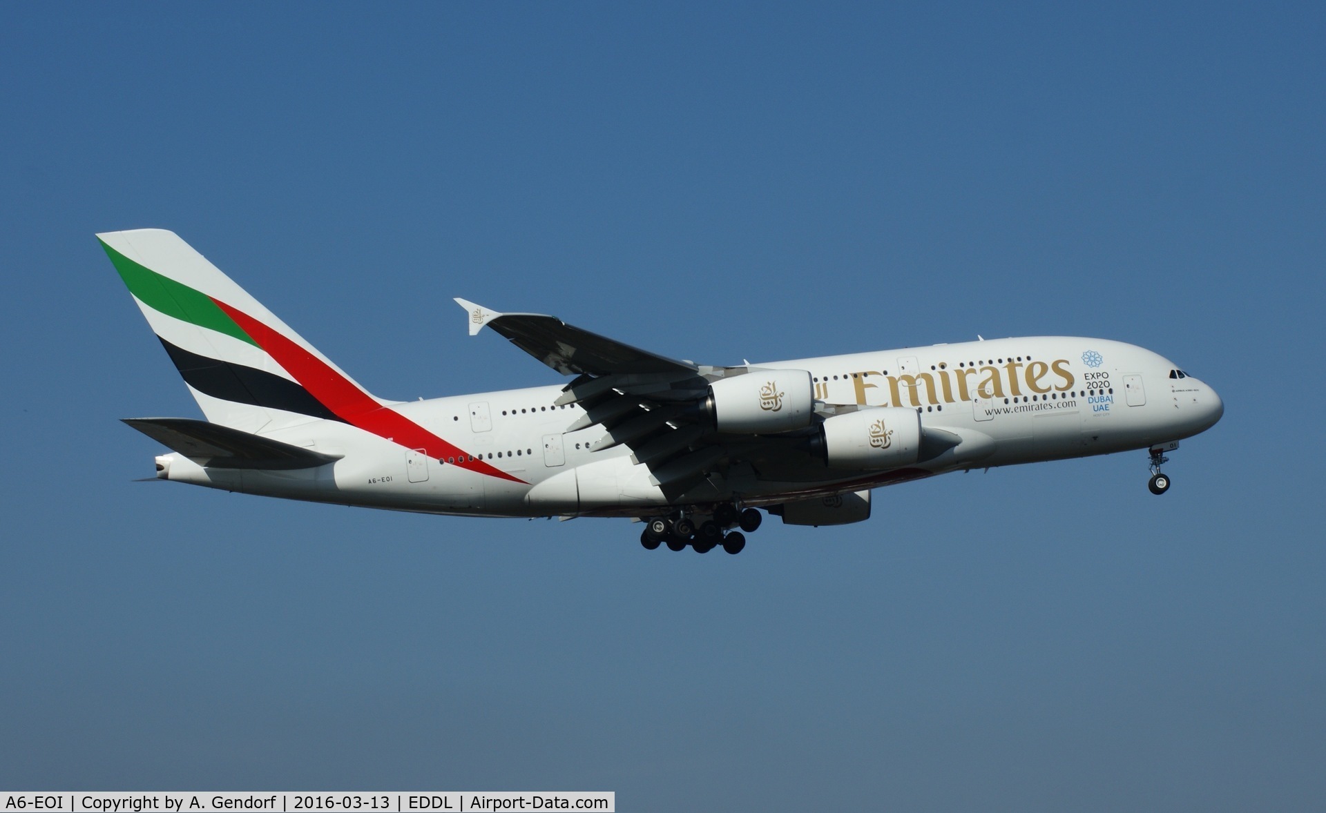 A6-EOI, 2014 Airbus A380-861 C/N 178, Emirates, is here completing the flight from Dubai(OMDB) to Düsseldorf Int'l(EDDL)