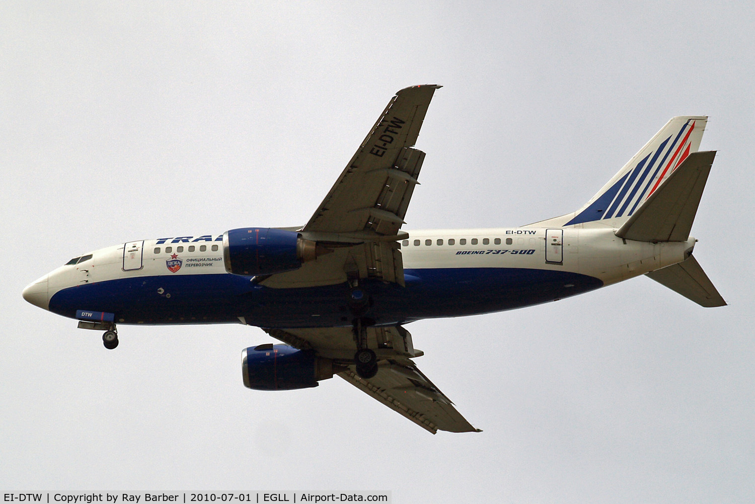 EI-DTW, 1999 Boeing 737-5Y0 C/N 25188, Boeing 737-5Y0 [25188] (Transaero Airlines) Home~G 01/07/2010. On approach 27R.