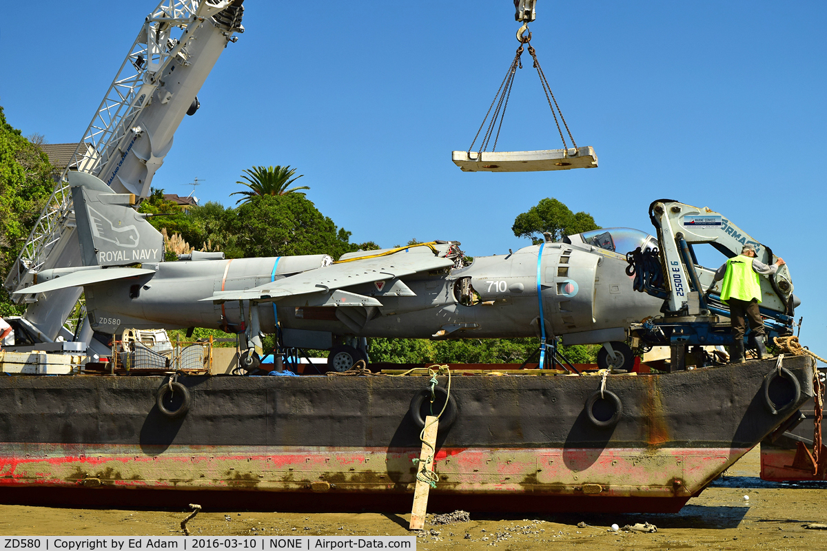 ZD580, British Aerospace Sea Harrier F/A.2 C/N 912043/B37/P17, British Aerospace Sea Harrier F/A.2 ZD580 being delivered by barge for installation on private property in Auckland, NZ in March 2016.