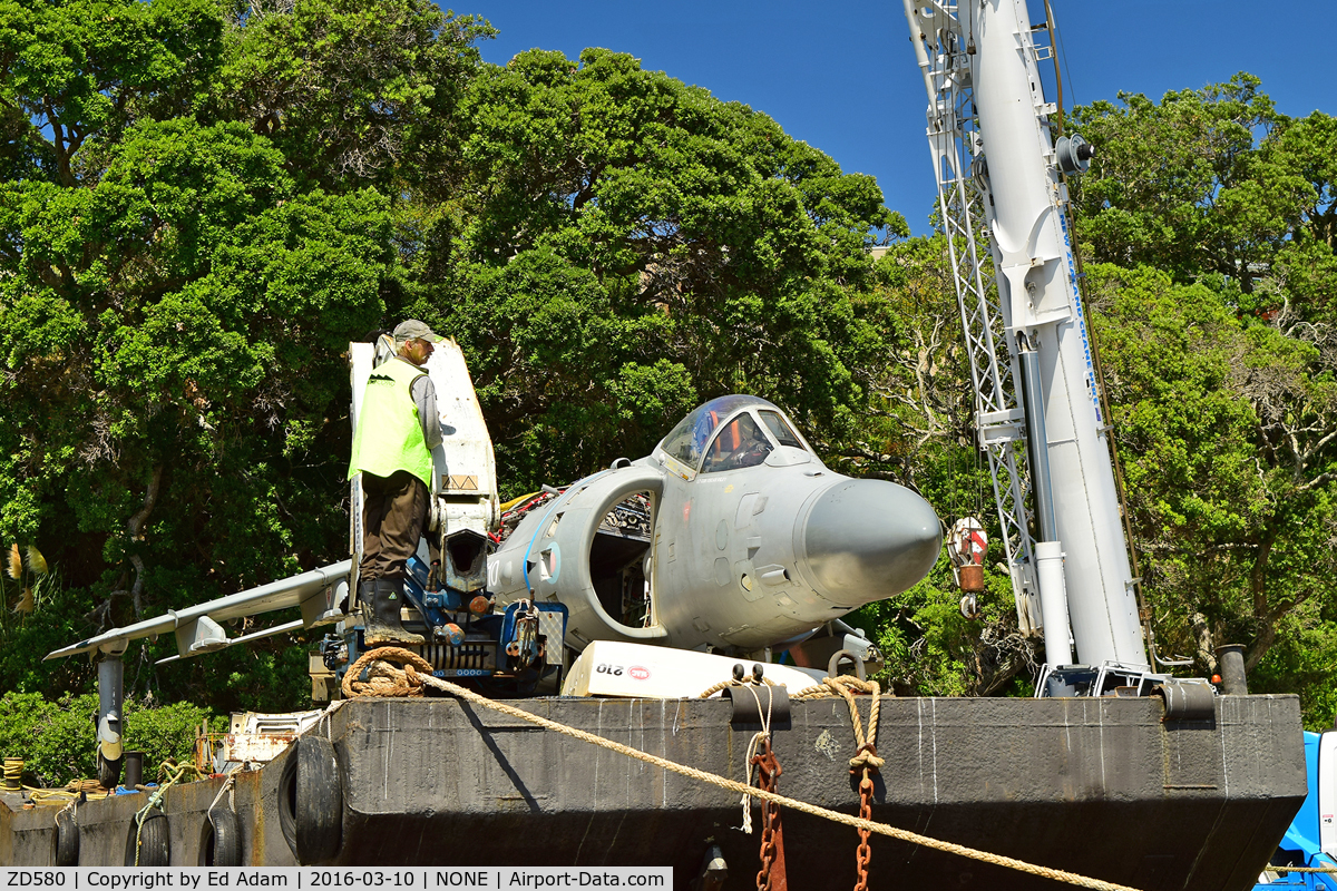 ZD580, British Aerospace Sea Harrier F/A.2 C/N 912043/B37/P17, British Aerospace Sea Harrier F/A.2 ZD580 being delivered by barge for installation on private property in Aukland, NZ in March 2016.