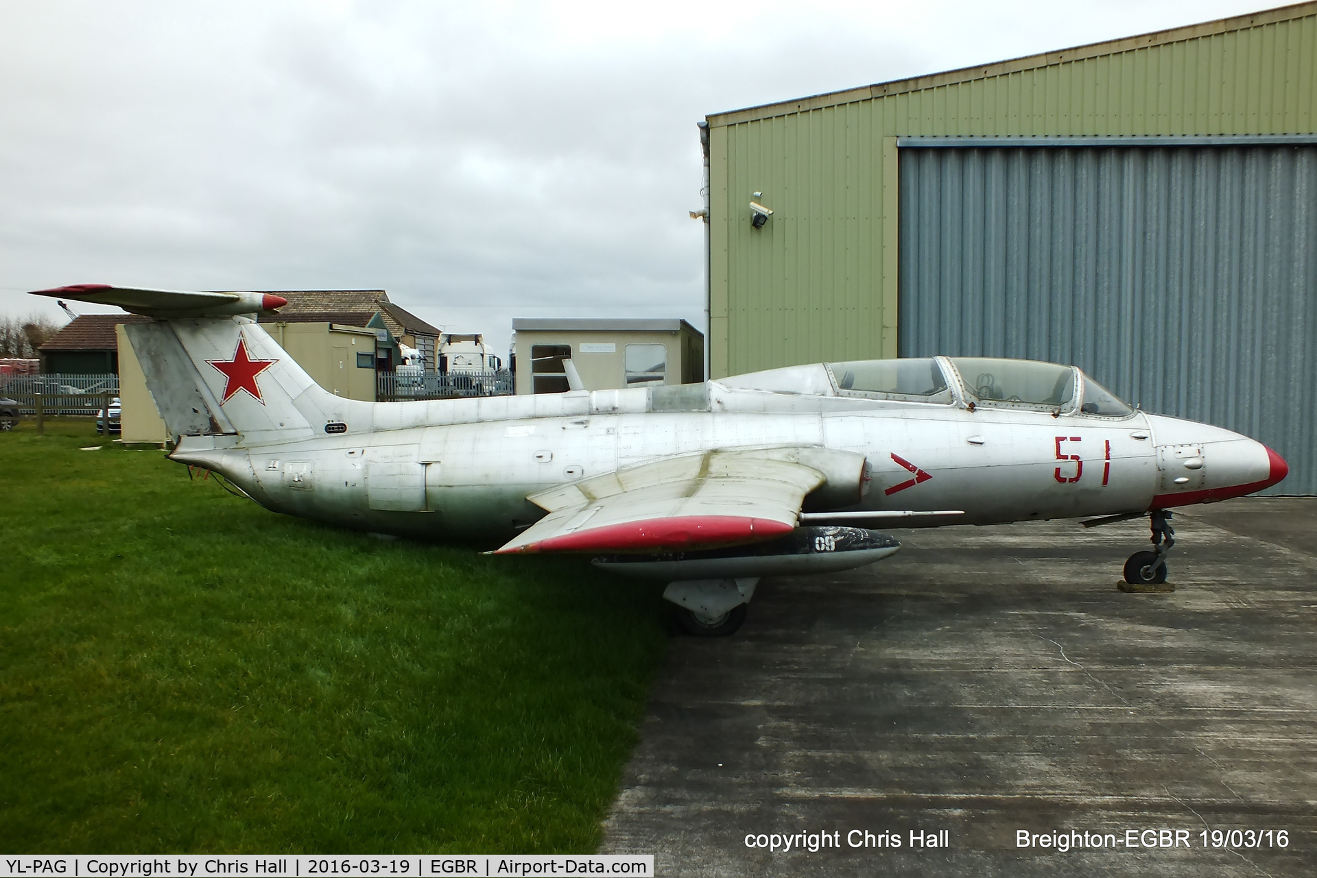 YL-PAG, Aero L-29 Delfin C/N 491273, Breighton gate guard moved to the hangars for the winter, it will be cleaned before it returns to guard duties