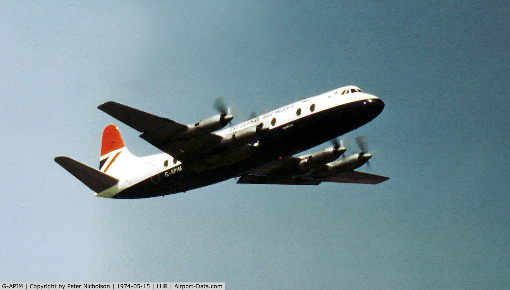 G-APIM, 1958 Vickers Viscount 806 C/N 412, British Airways Viscount 806 on final approach to Heathrow in May 1974.