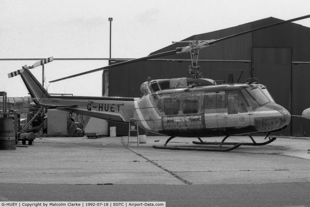 G-HUEY, 1973 Bell UH-1H Iroquois C/N 13560, Bell UH-1H Iroquois at Cranfield Airport July 1992. (Apologies for poor quality!)