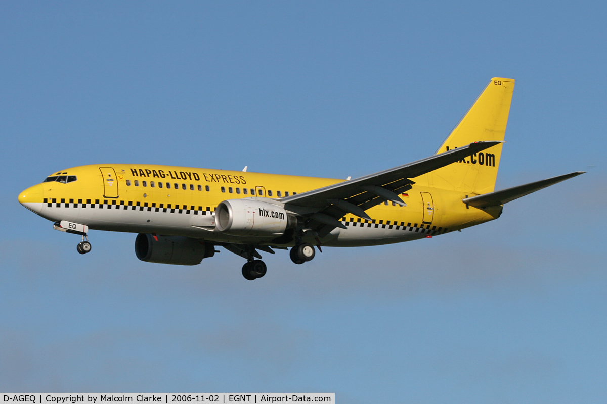 D-AGEQ, 1998 Boeing 737-75B C/N 28103, Boeing 737-75B on approach to 25 at Newcastle Airport, November 2006.