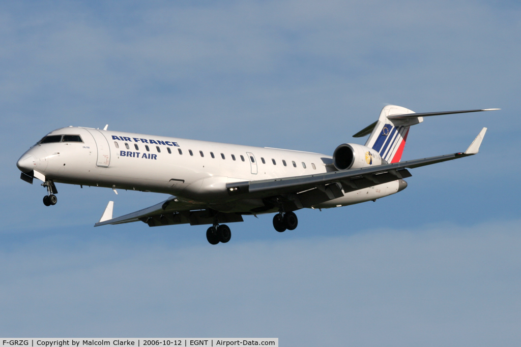 F-GRZG, 2002 Bombardier CRJ-701 (CL-600-2C10) Regional Jet C/N 10037, Canadair CL-600-2C10 Regional Jet CRJ-701 on approach to 25 at Newcastle Airport, October 2006.