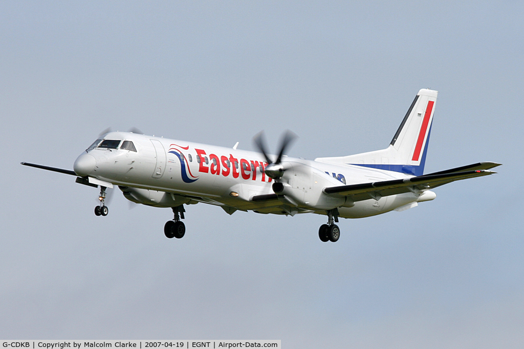G-CDKB, 1996 Saab 2000 C/N 2000-032, Saab 2000 on approach to 25 at Newcastle Airport, April 2007.