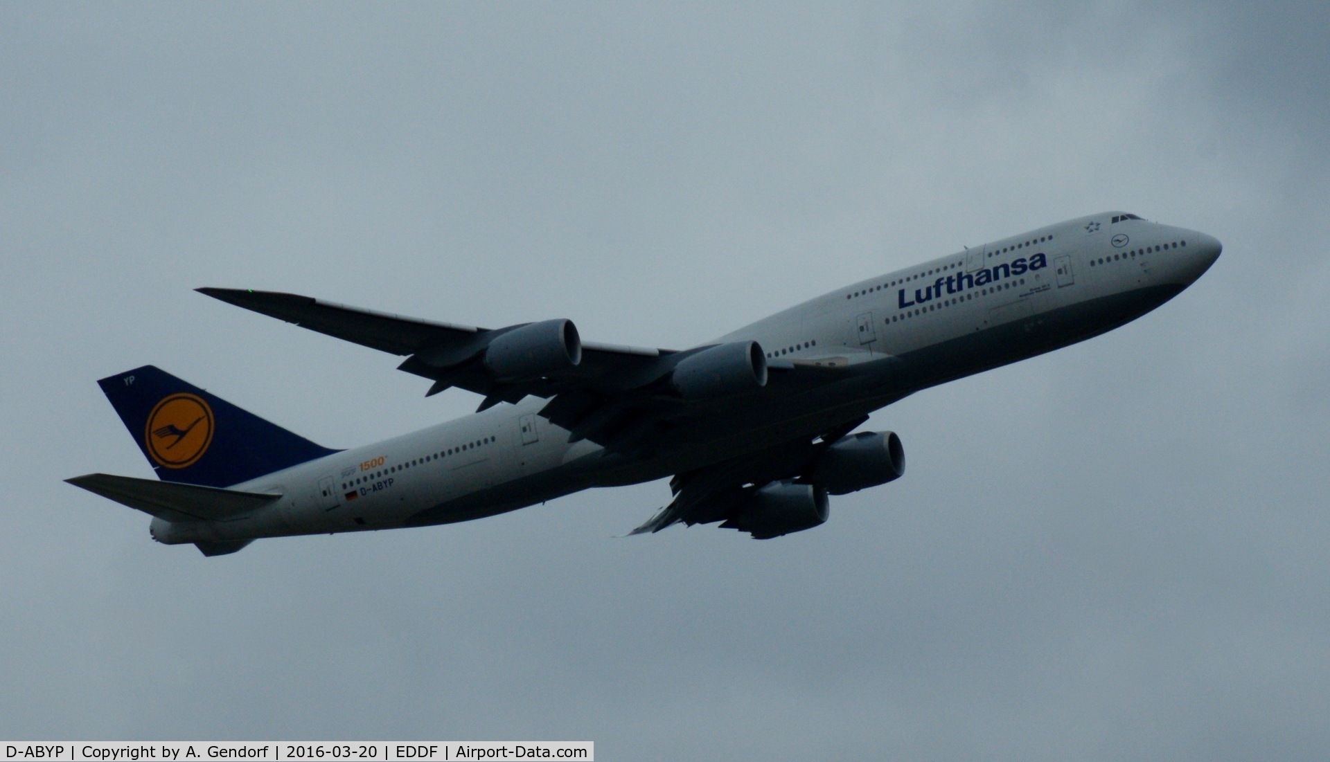 D-ABYP, 2014 Boeing 747-830 C/N 37839, Lufthansa (1500th B747 sticker), is here climbing out at Frankfurt Rhein/Main(EDDF)