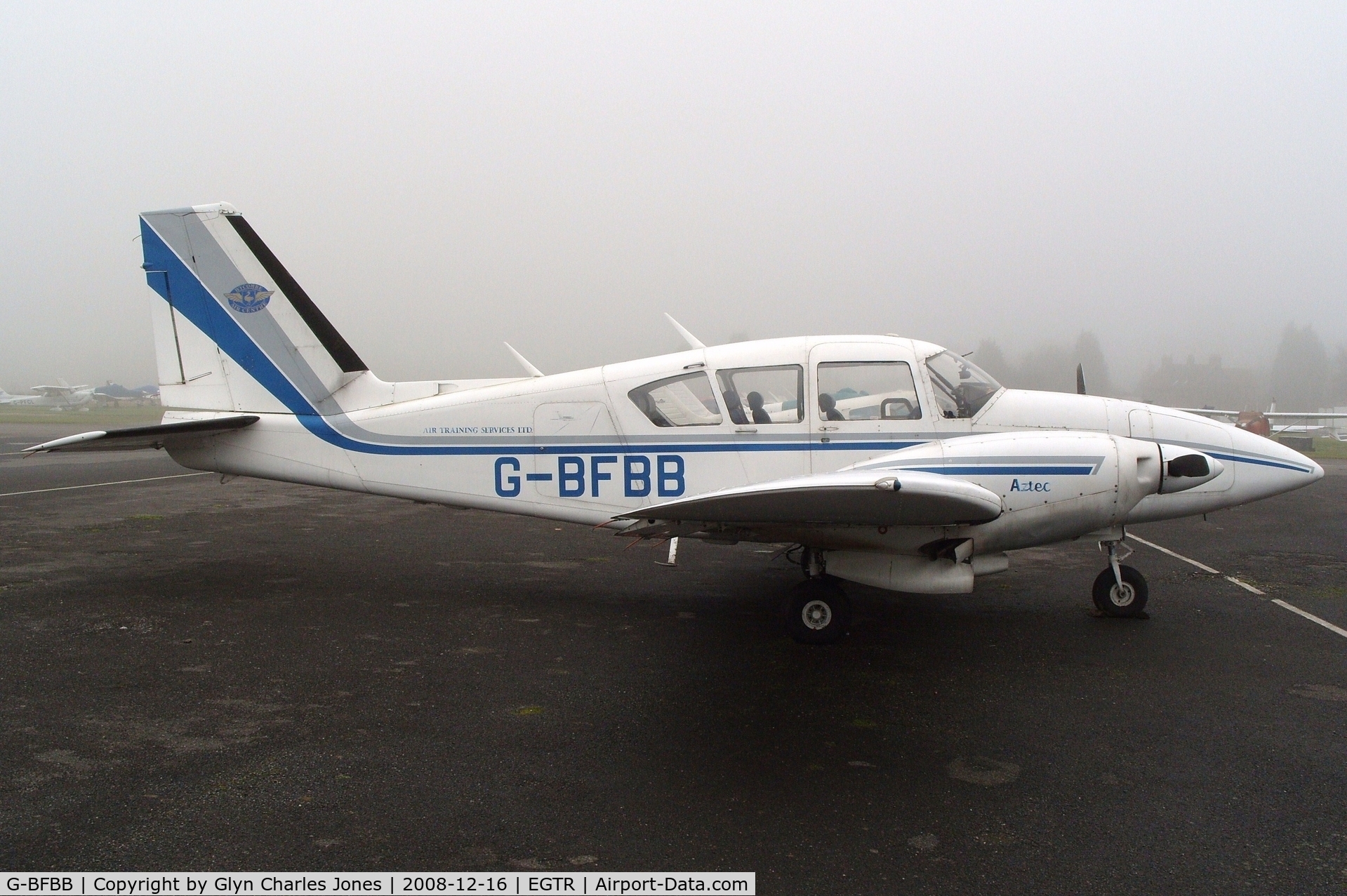 G-BFBB, 1973 Piper PA-E23-250 Aztec C/N 27-7405294, Taken on a quiet cold and foggy day. With thanks to Elstree control tower who granted me authority to take photographs on the aerodrome. Previously SE-GBI. Showing 'Wycombe Air Centre - Air Training Services Ltd.