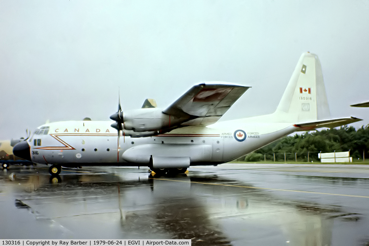 130316, 1965 Lockheed CC-130E Hercules C/N 382-4075, Lockheed CC-130E Hercules [4075] (Canadian Armed Forces) RAF Greenham Common~G 24/06/1979. Taken during a rainstorm . From a slide.
