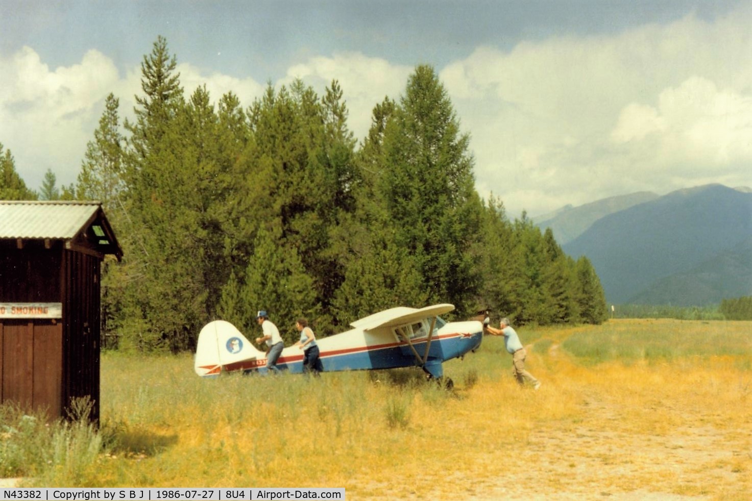 N43382, 1946 Taylorcraft BC12-D C/N 7041, 382 being put to bed after flying in to Spotted Bear from Kalispell.