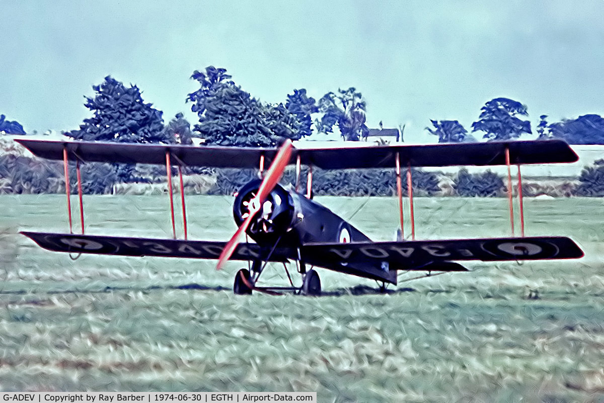 G-ADEV, 1918 Avro 504K C/N R3/LE/61400, Avro 504K (R3/LE/61400] Old Warden~G 30/06/1974. From a slide.