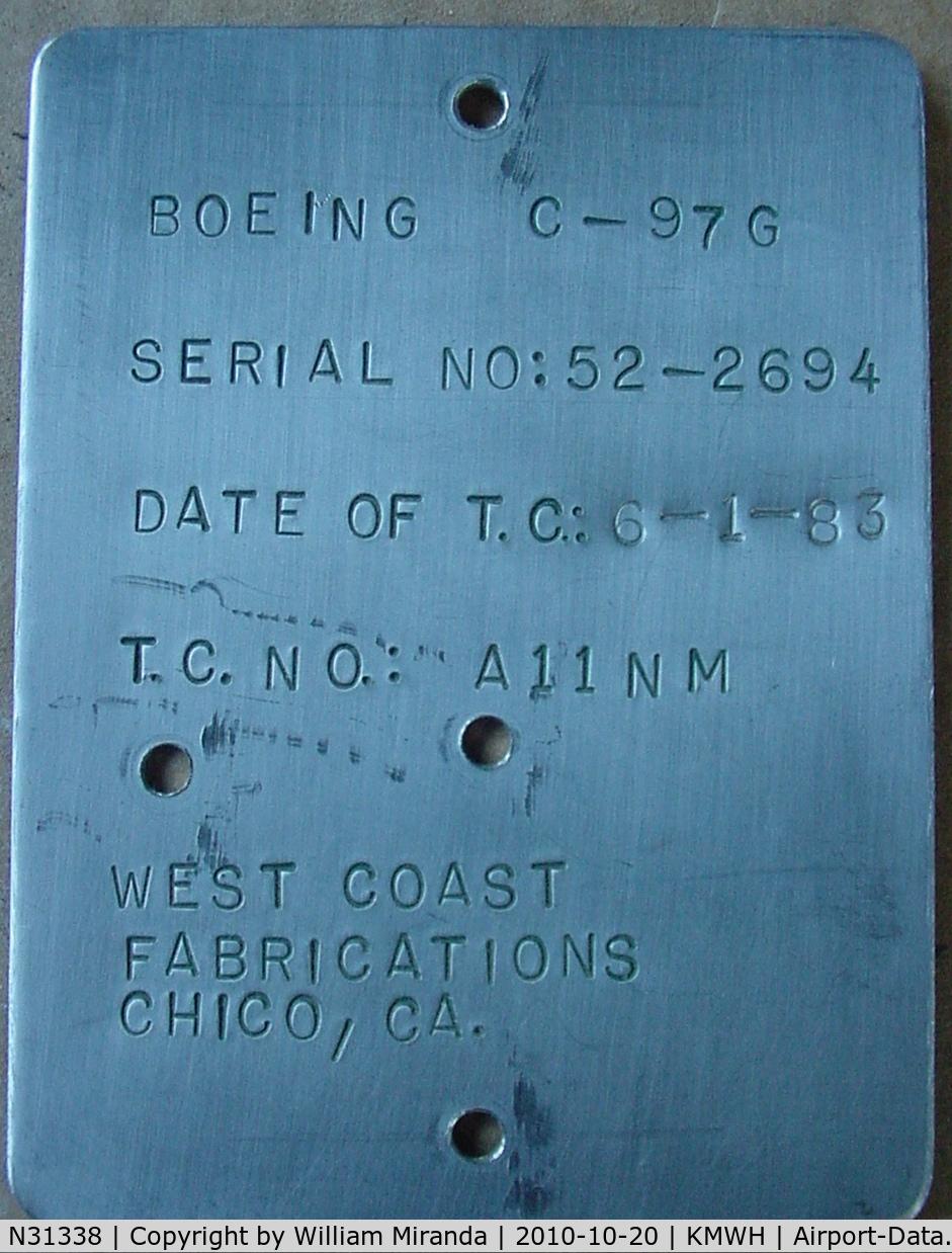 N31338, 1954 Boeing KC-97G C/N 52-2694, Here is a close up of the West Coast Fabrications Data Plate showing the conversion from Military to Civilian use.  I went to FL and called the owner to try and buy the upper half of the fuselage but was told it was scrapped.