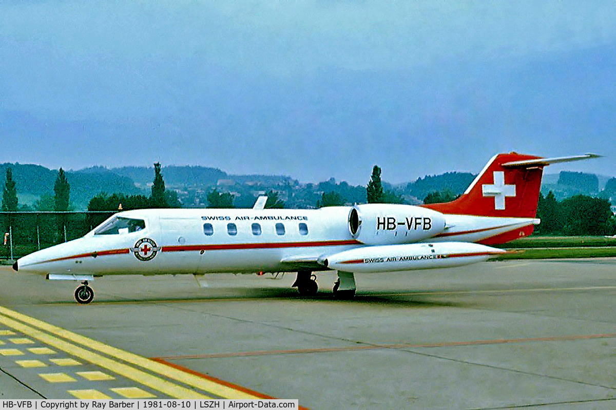 HB-VFB, 1977 Learjet 35A C/N 35A-145, Learjet 35A [35A-145] (Swiss Air Ambulance) Zurich~HB 10/08/1981. From a slide.