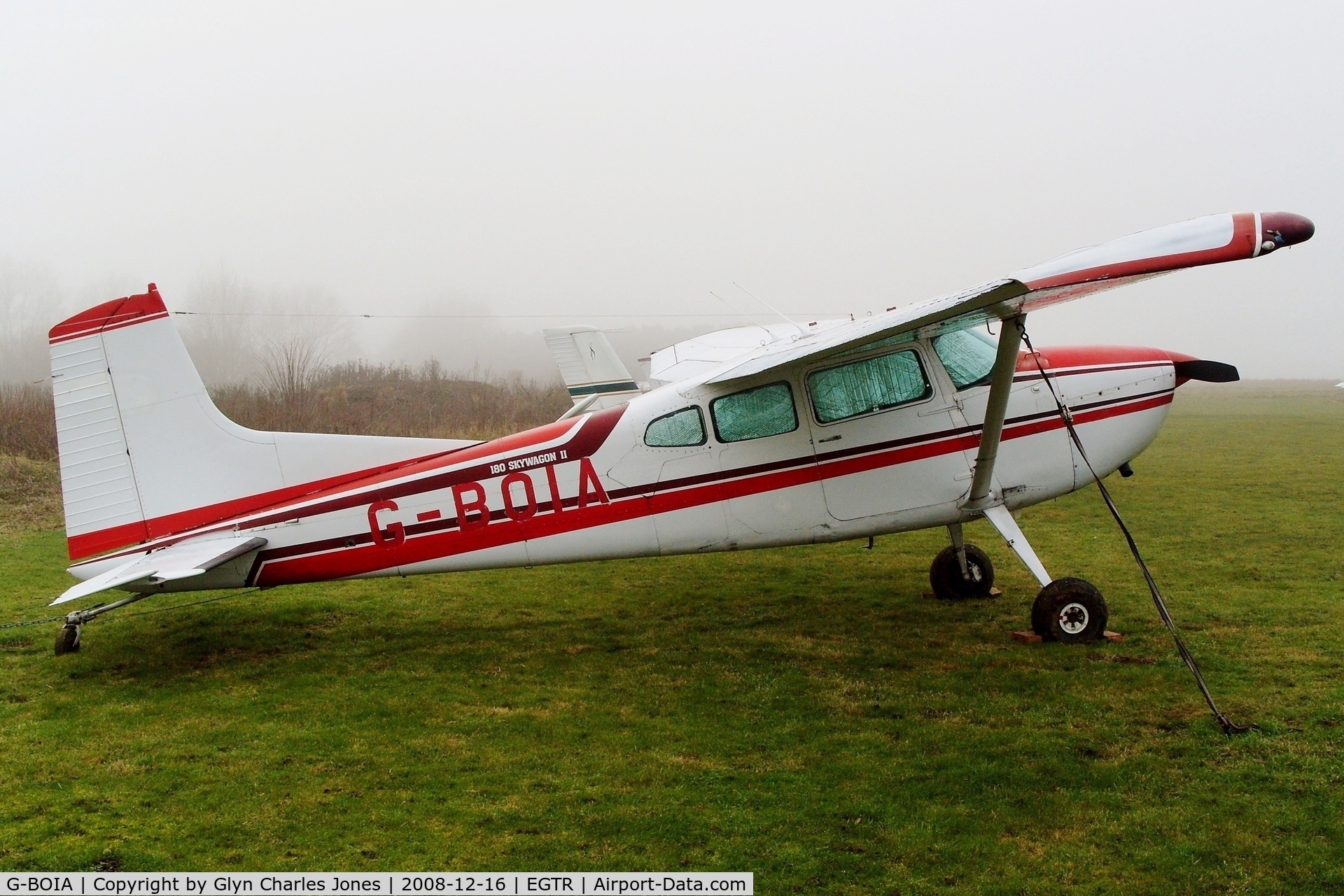 G-BOIA, 1980 Cessna 180K Skywagon C/N 18053121, Taken on a quiet cold and foggy day. With thanks to Elstree control tower who granted me authority to take photographs on the aerodrome. Previously N2895K. Owned by Old Warden Flying and Parachute Group.