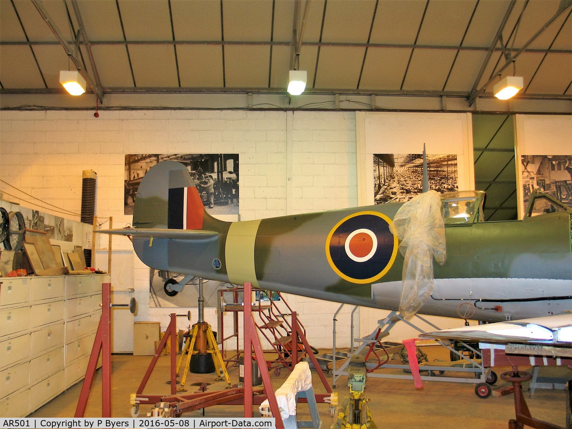 AR501, 1942 Supermarine 349 Spitfire LF.Vc C/N WASP/20/223, In workshop at Shuttleworth Old Warden