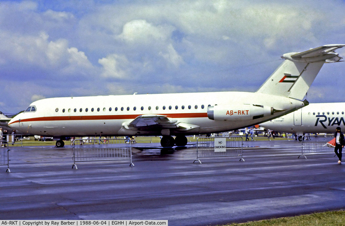 A6-RKT, 1967 BAC 111-422EQ One-Eleven C/N BAC.126, BAC 1-11 422EQ One Eleven [126] Bournemouth-Hurn Int'l~G 04/06/1988. From a slide.