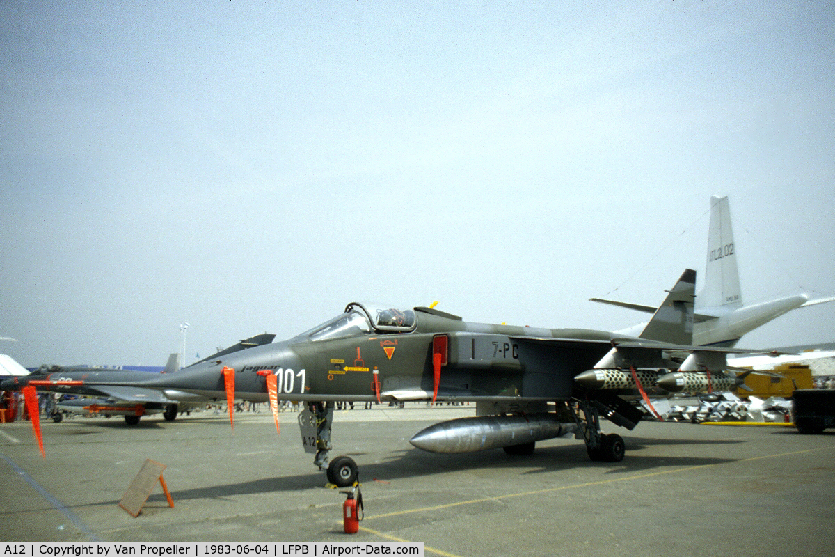 A12, Sepecat Jaguar A C/N A12, SEPECAT Jaguar A of the French Air Force at Le Bourget 1983. It was carrying the code 7-PC at that time.