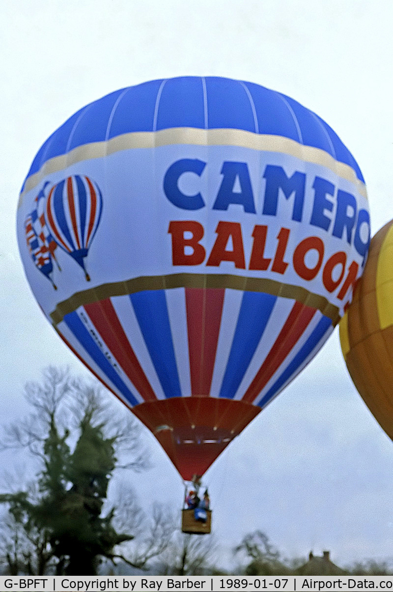 G-BPFT, 1988 Cameron Balloons N-77 C/N 1430, Cameron N-77 HAFB [1430] Marsh Benham~G 07/01/1989. From a slide.