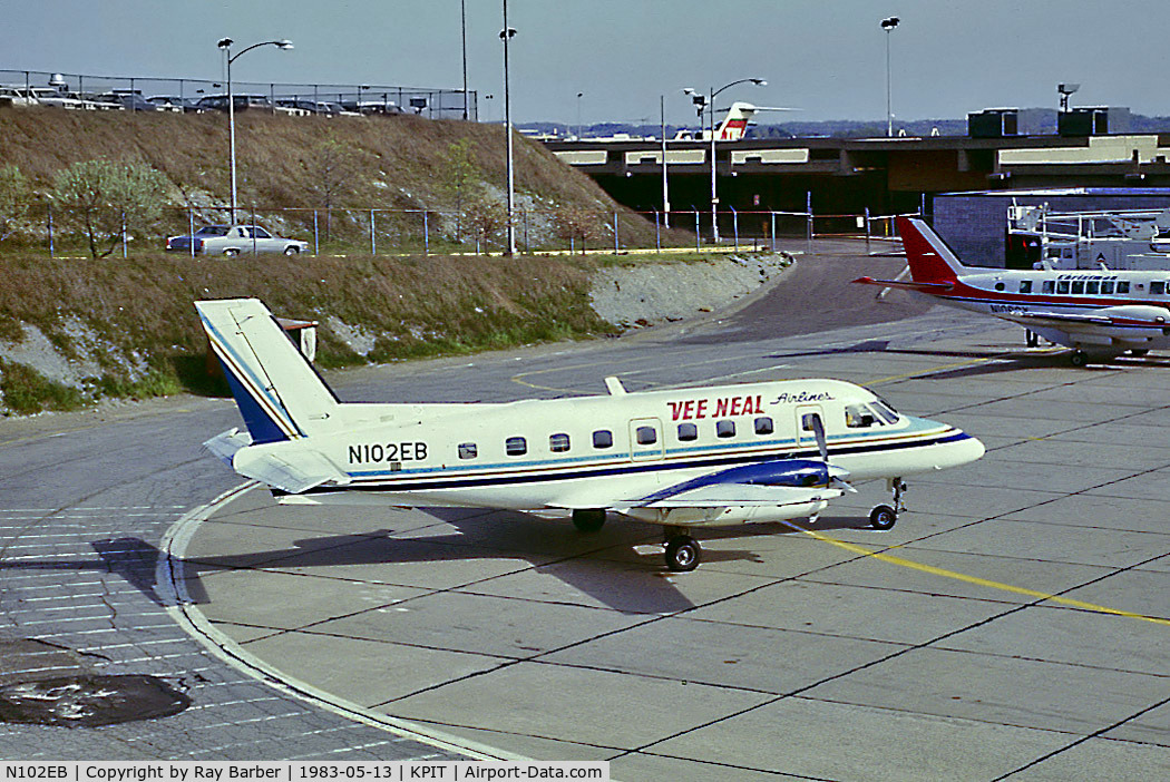 N102EB, 1981 Embraer EMB-110P1 Bandeirante C/N 110.354, Embraer Emb-110P1 Bandeirante [110354] (Vee Neal Airlines) Pittsburgh-Int'l~N 13/05/1983. From a slide.