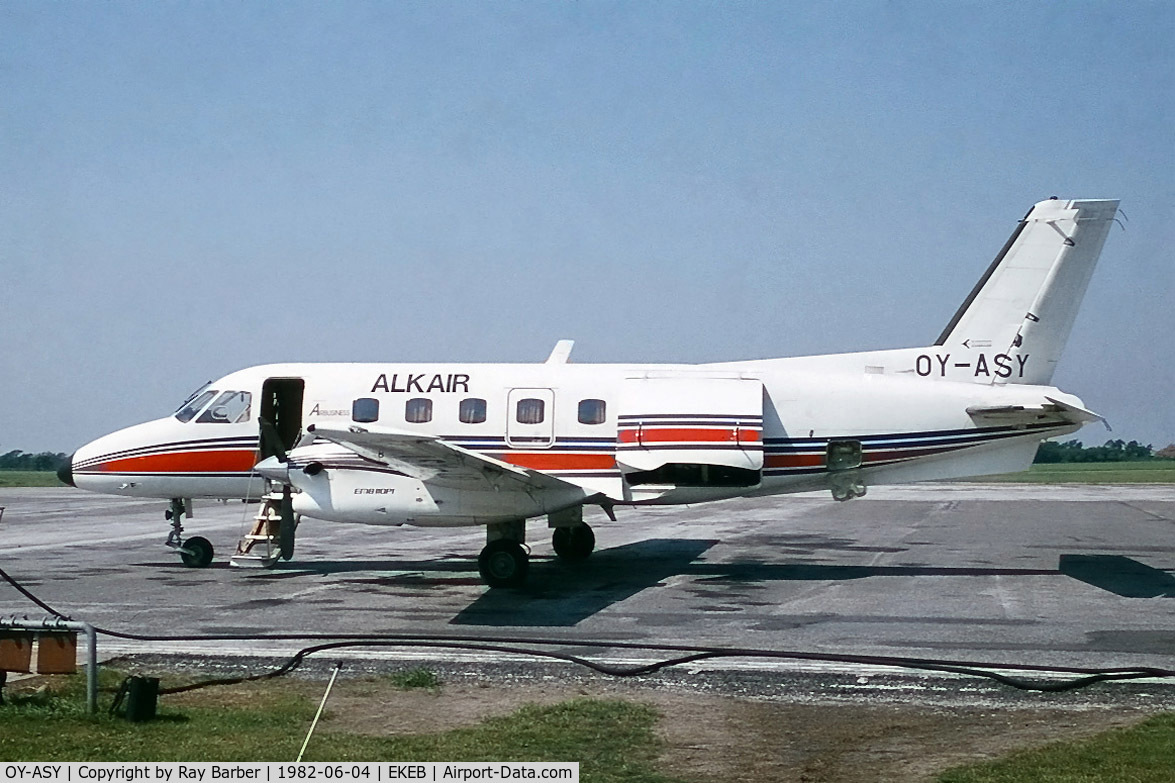 OY-ASY, 1980 Embraer EMB-110P1 Bandeirante C/N 110308, OY-ASY   Embraer Emb-110P1 Bandeirante [110308] (Alkair Flight Operations) Esbjerg~OY 04/06/1982. From a slide.