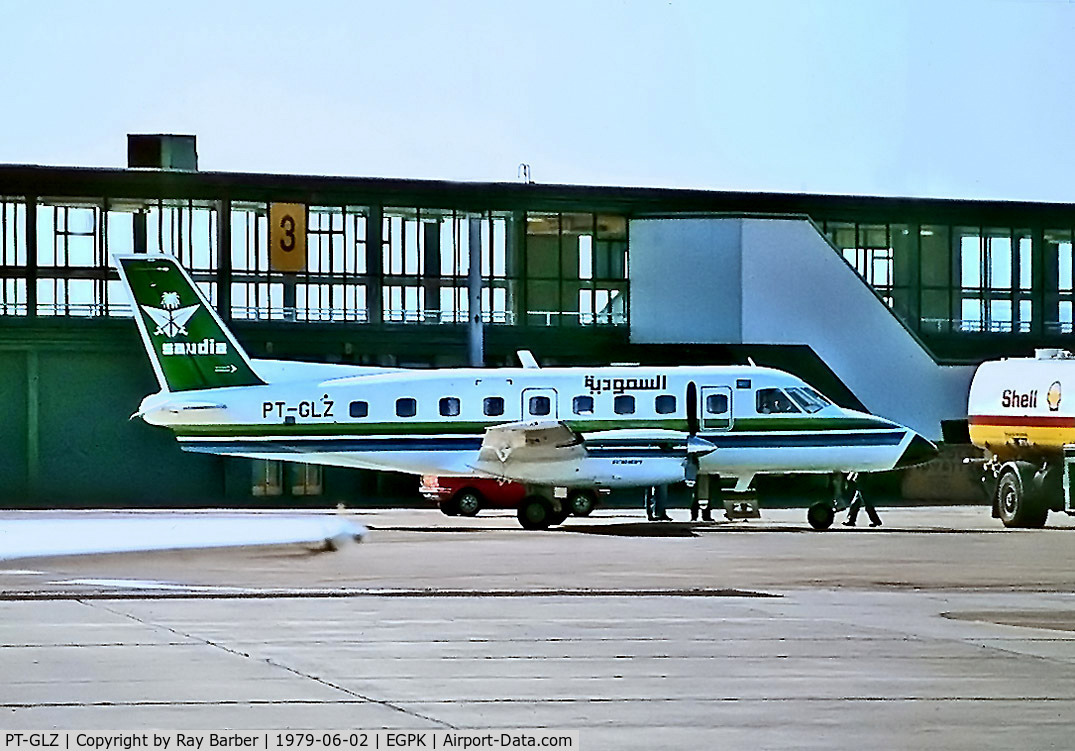PT-GLZ, 1979 Embraer EMB-110P1 Bandeirante C/N 110207, Embraer Emb-110P1 Bandeirante [110207] (Embraer) Glasgow-Prestwick~G 02/06/1979. From a slide.