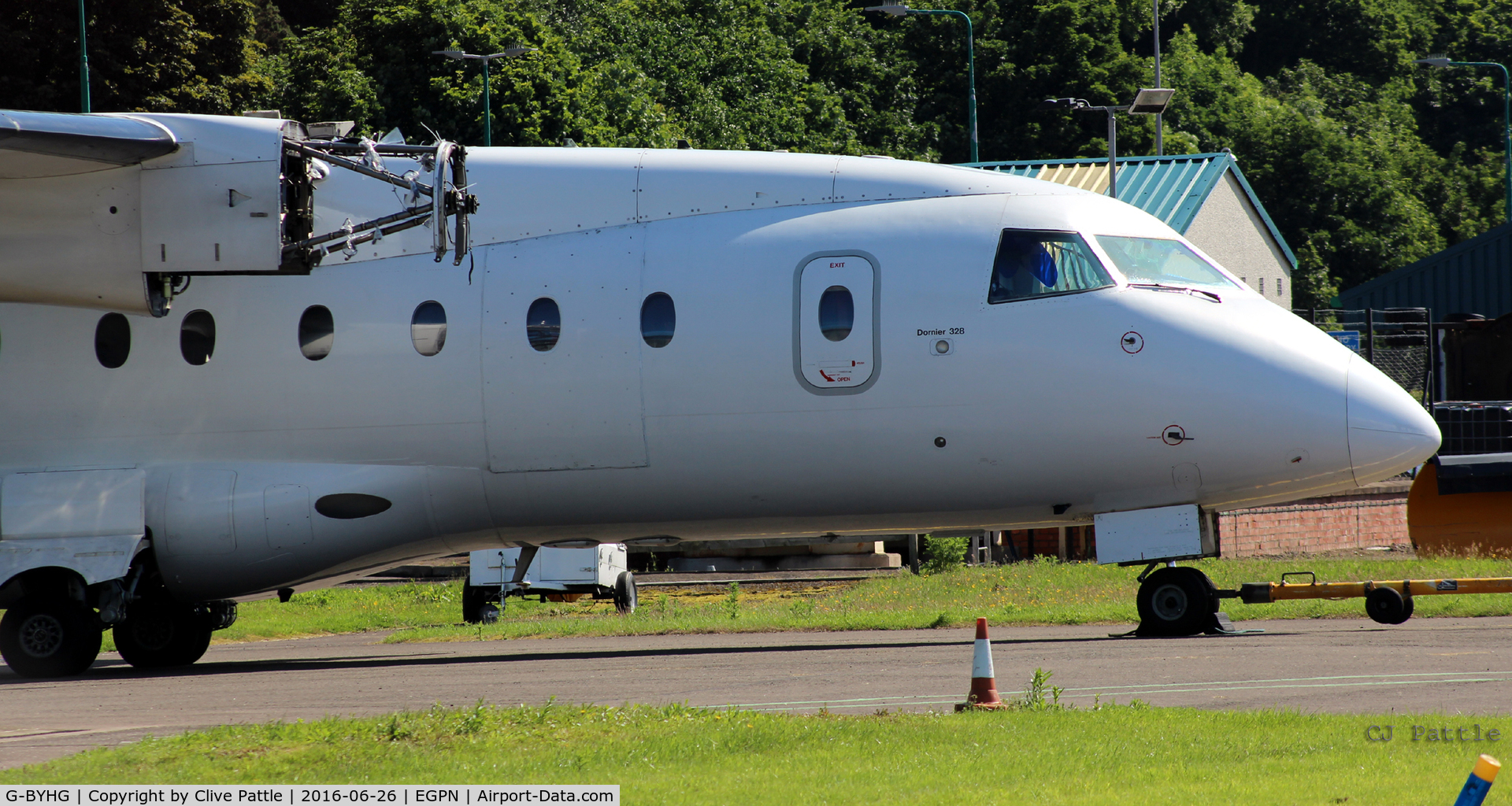 G-BYHG, 1998 Dornier 328-100 C/N 3098, Sitting engineless at the Loganair/Flybe maintenance facility at Dundee Riverside Airport EGPN