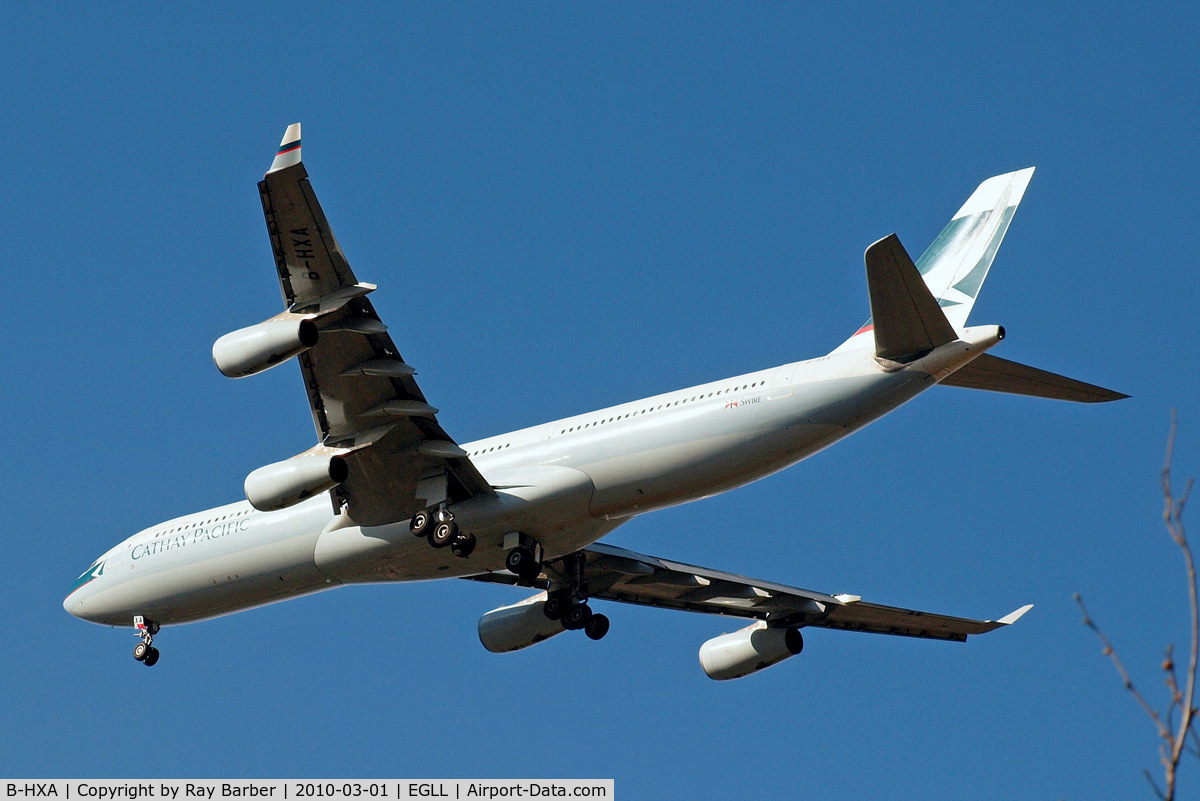 B-HXA, 1996 Airbus A340-313 C/N 136, Airbus A340-313X [136] (Cathay Pacific Airways) Home~G 01/03/2010. On approach 27R.