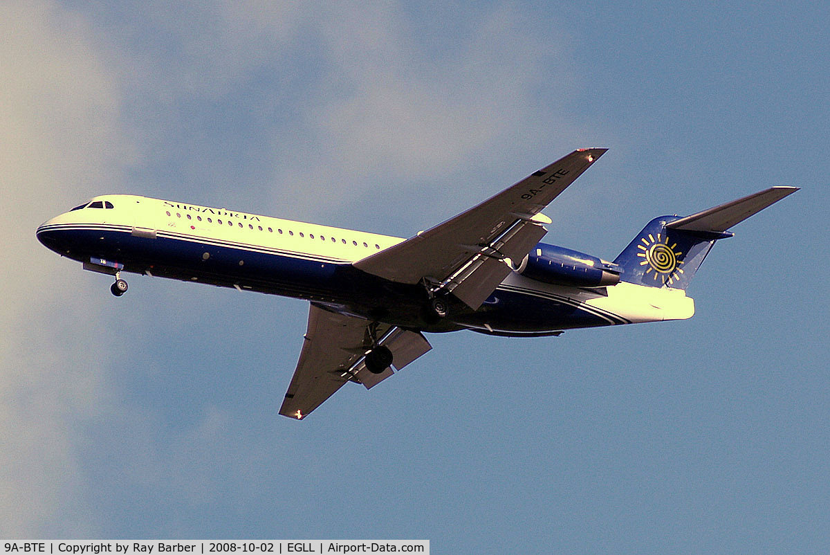 9A-BTE, 1992 Fokker 100 (F-28-0100) C/N 11416, Fokker F-100 [11416] (SunAdria Airlines) Home~G 02/10/2008. On approach 27R.