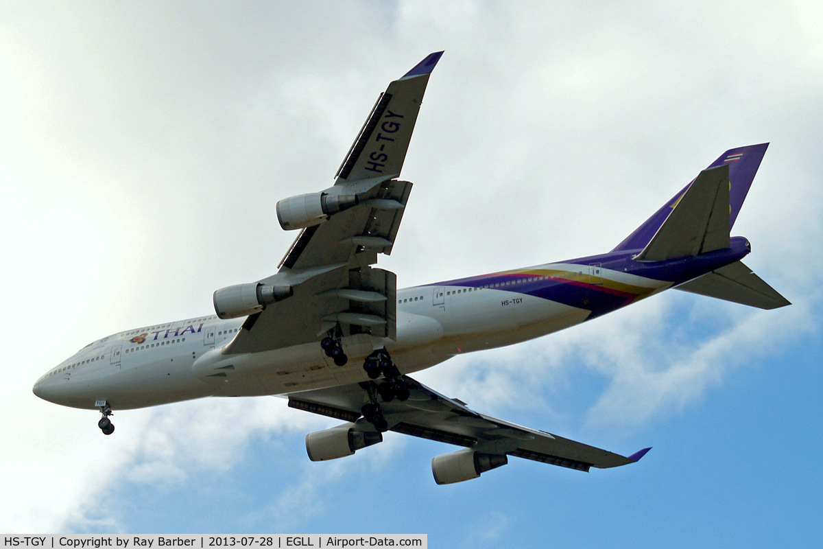 HS-TGY, 1998 Boeing 747-4D7 C/N 28705, Boeing 747-4D7 [28705] (Thai Airways) Home~G 28/07/2013. On approach 27R.