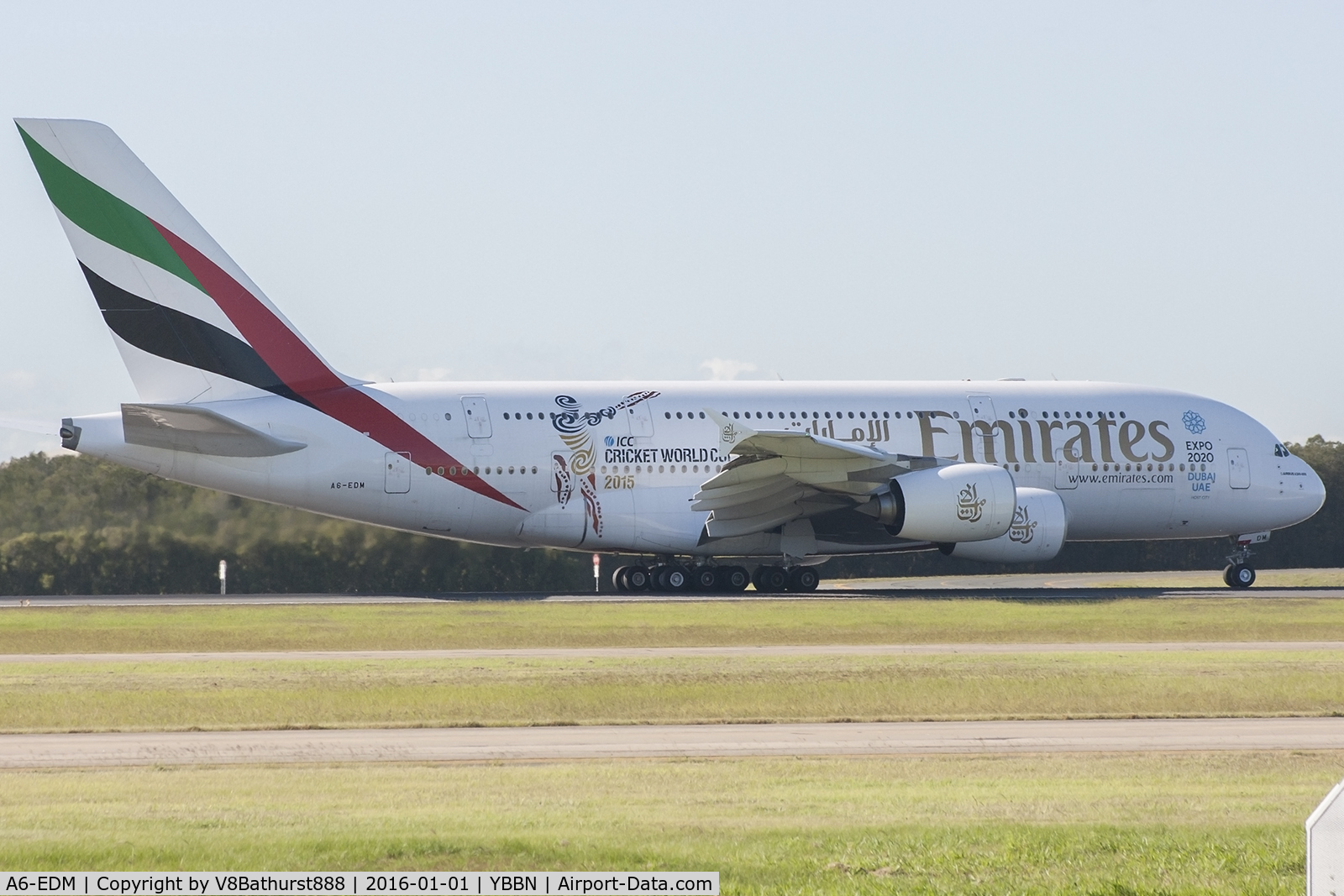 A6-EDM, 2010 Airbus A380-861 C/N 042, EDM wearing the ICC CWC 2015 livery