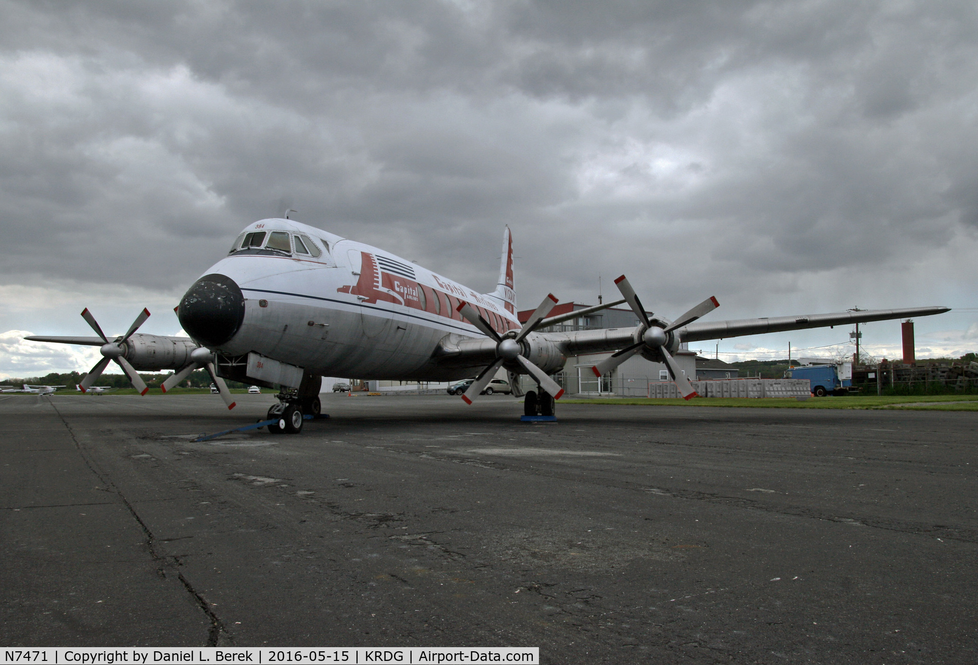 N7471, 1957 Vickers Viscount 797 C/N 233, A classic Viscount sits on the ramp under a threatening sky.  She was built in 1957.