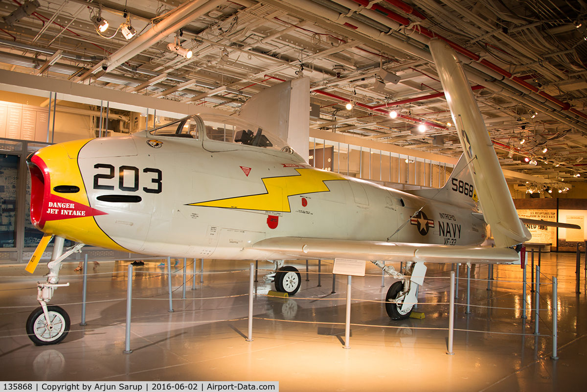 135868, North American F-1C Fury C/N 194-95, On display aboard USS Intrepid. This immaculately restored Fury is in the colors of VF-33 'Tarsiers' that flew from USS Intrepid. The squadron took part in NATO exercise Operation Strikeback from the carrier in 1957.