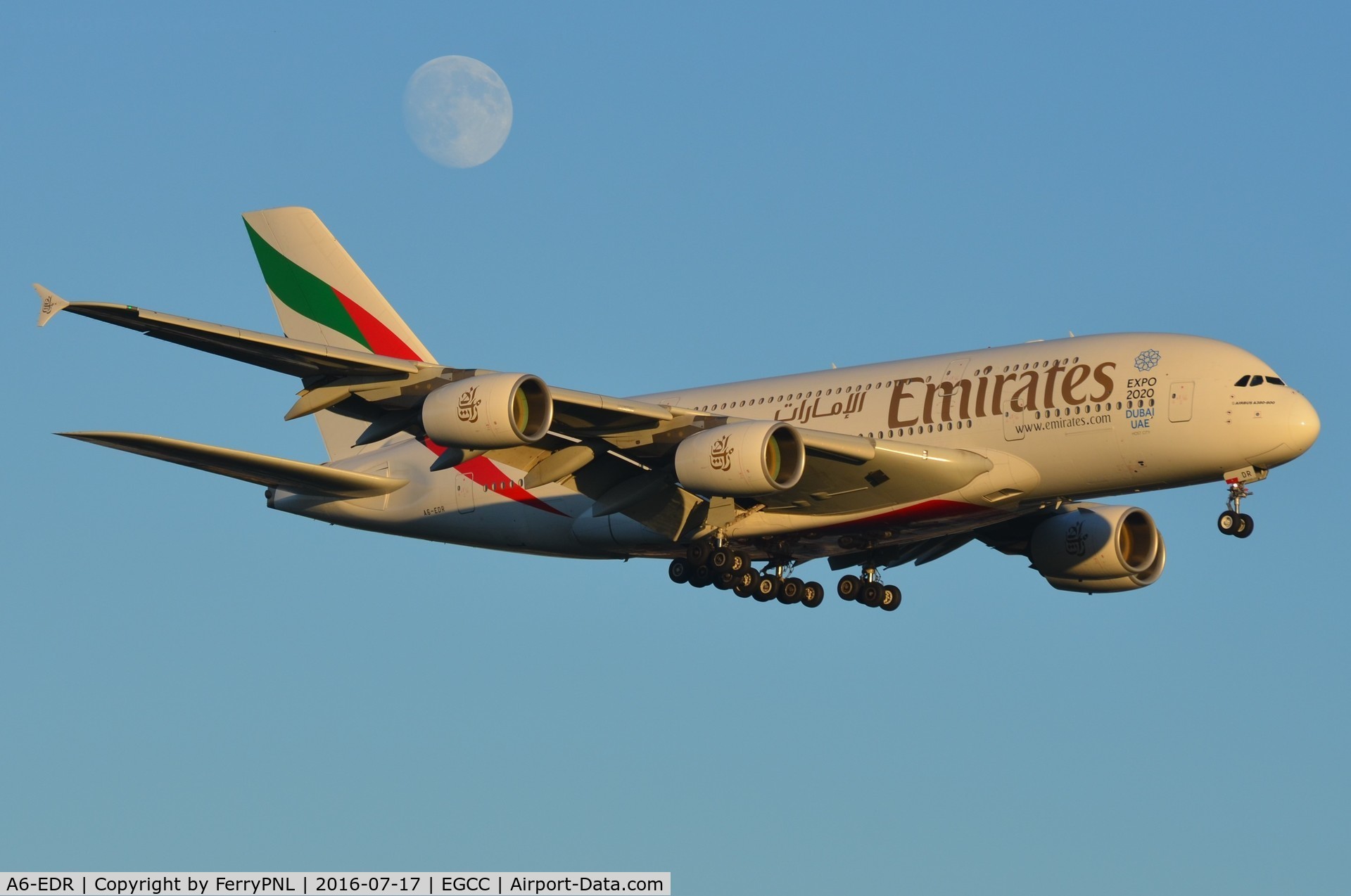 A6-EDR, 2011 Airbus A380-861 C/N 083, Emirates passes by the moon on its way to LHR.