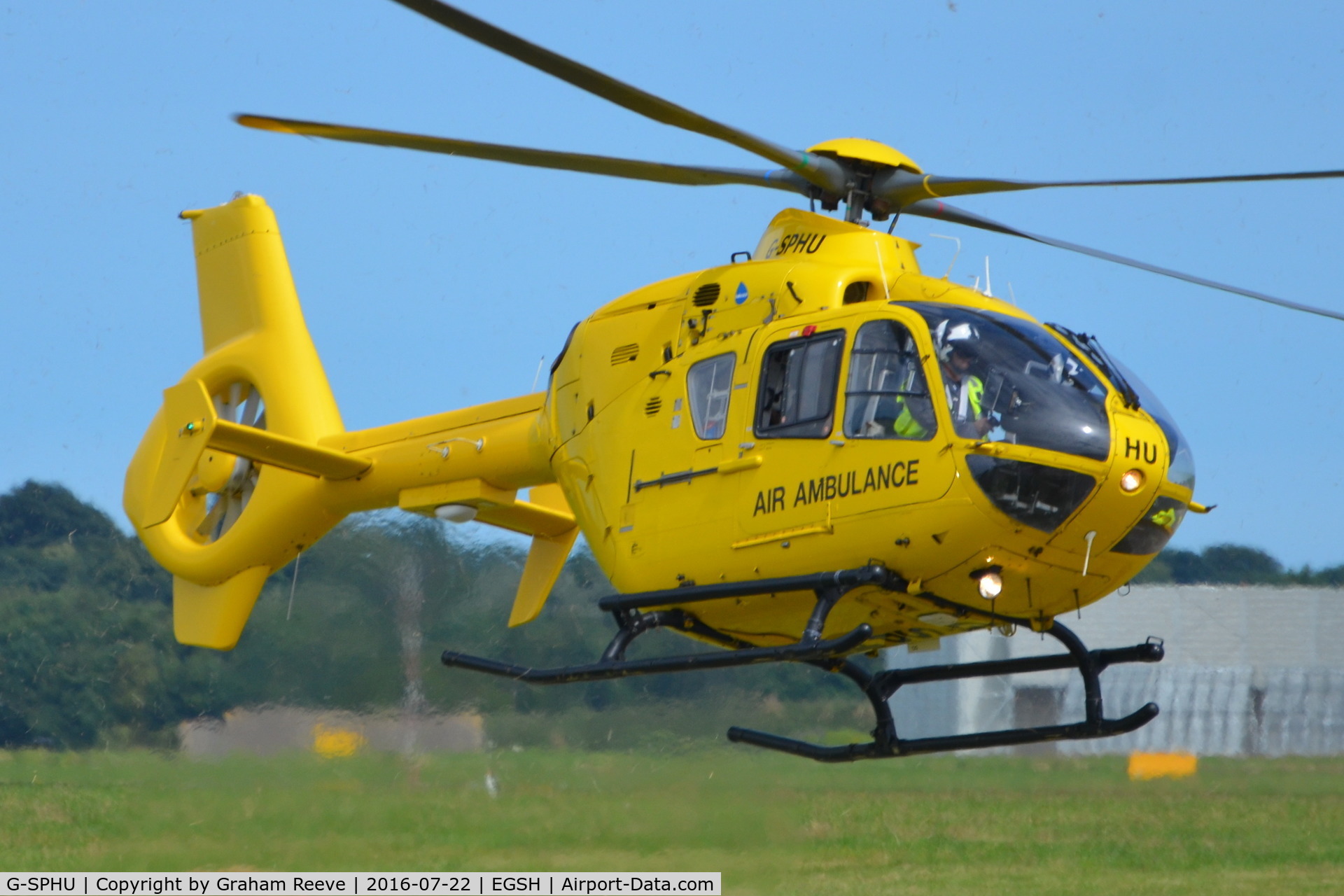 G-SPHU, 2002 Eurocopter EC-135T-2 C/N 0245, Landing at Norwich.