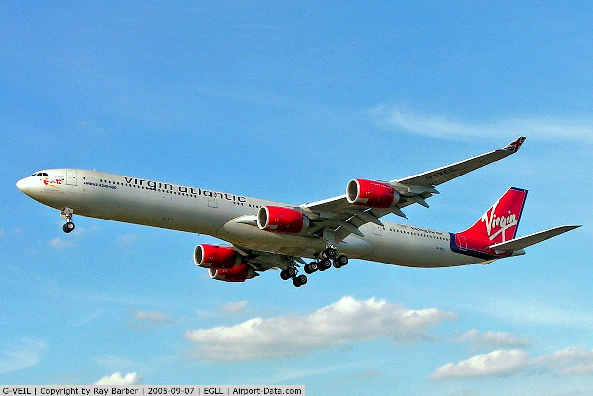 G-VEIL, 2004 Airbus A340-642 C/N 575, Airbus A340-642 [575] (Virgin Atlantic) Heathrow~G 07/09/2005. On finals 27L.