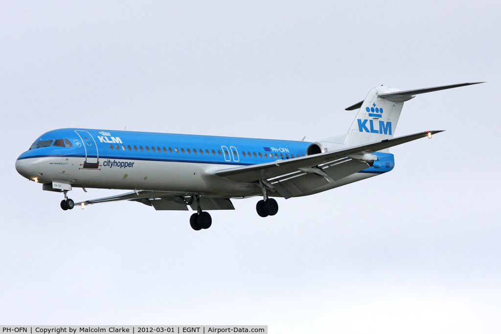 PH-OFN, 1993 Fokker 100 (F-28-0100) C/N 11477, Fokker 100 (F-28-0100) on approach to Newcastle Airport, March 1st 2012.